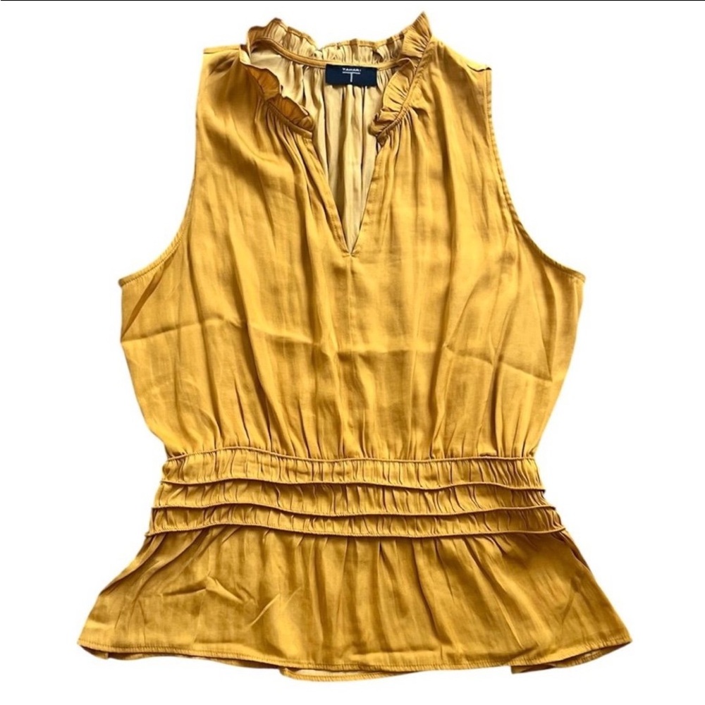TAHARI Women's Mustard Yellow Sleeveless  Gathered Waist Top Blouse Size Large